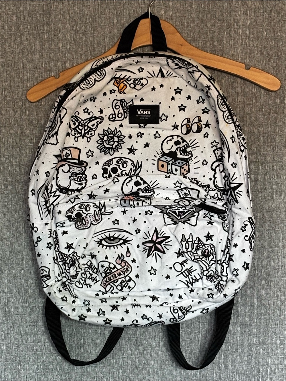 Vans Kids White Backpack with Black Tattoo-Style Graphics